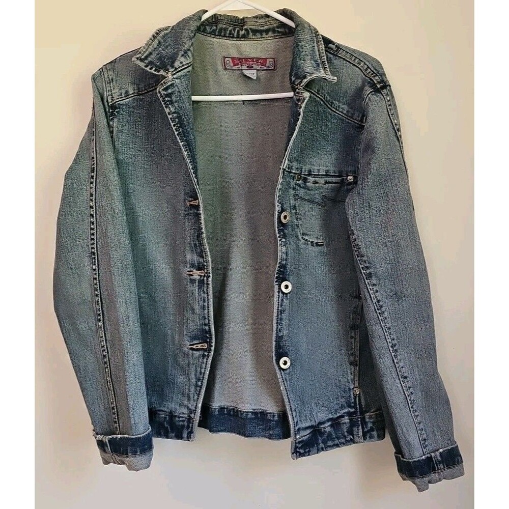 Vintage Women's Silver Jeans Denim Jean Jacket Large Retro Y2K